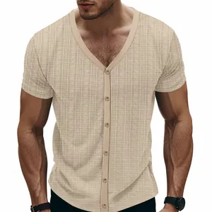 Detail of men's breathable slub textured T-shirt with button-down V-neck design