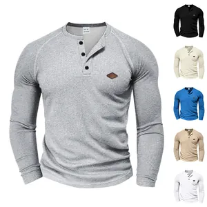 Camicia Henley a Maniche Lunghe in Maglia a Nido d'Ape da Uomo Manica Raglan Asciugatura Rapida Tinta Unita Traspirante Top Americano