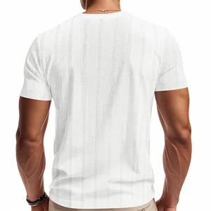 Back view of men's white t-shirt featuring breathable linen-like textured fabric.