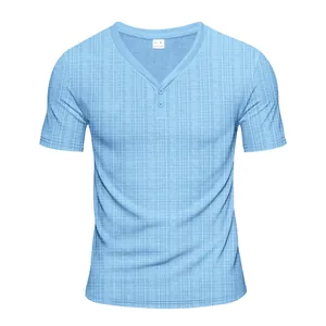 Light blue short sleeve Henley shirt with breathable textured waffle fabric design