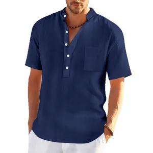 Camisa Henley casual para hombre en lino sintético azul marino con cuello alto relajado