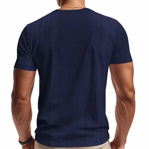 Back view of navy blue textured slub cotton T-shirt for men, showing breathable fabric
