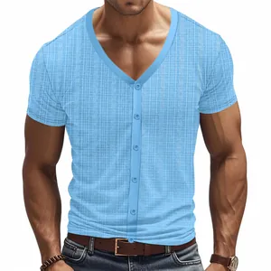 Men's Casual Slub Plaid V-Neck Button Cardigan Short Sleeve T-Shirt Breathable Summer Top