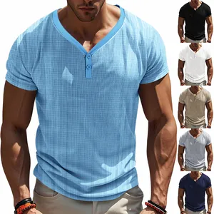 Macro view of slub linen texture and multiple color options for men's Henley shirt