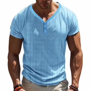 Light blue short sleeve Henley shirt with breathable slub texture for men's casual wear.