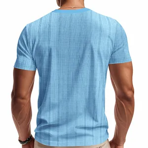 Back view of men's blue slub texture short sleeve T-shirt for summer casual wear