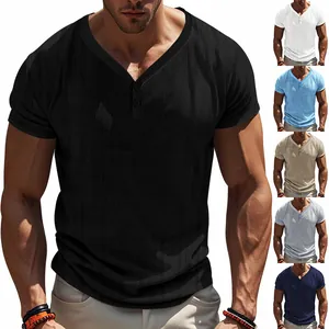 Men's breathable Henley T-shirt with textured linen-like fabric in various colors