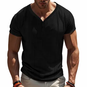 Close-up of black men's Henley T-shirt featuring breathable slub linen texture