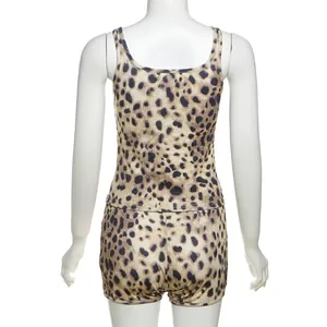 Detailed back view of women's trendy leopard print tank top and shorts set on mannequin