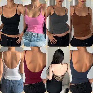 Collage of slim fit backless camisole tops in multiple colors showing front and back views