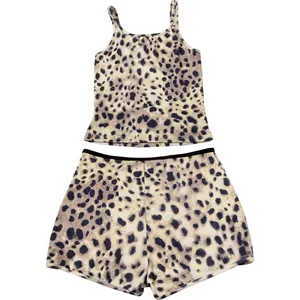 Leopard print two-piece camisole and shorts set featuring a soft ribbed texture detail