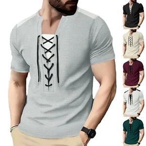Detail view of men's waffle knit t-shirt with lace-up design showing multiple color options