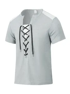 Close-up of grey waffle knit men's t-shirt featuring a black lace-up V-neck design