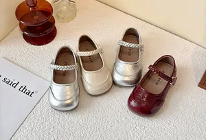Classic girls Mary Jane shoes with braided straps in silver, beige and burgundy colors