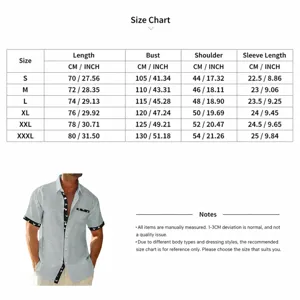 Tableau des tailles détaillé pour chemise homme à manches courtes et motif d'oiseau