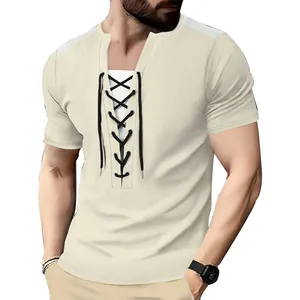 Detail view of men's beige waffle knit t-shirt featuring a lace-up neckline