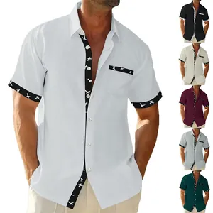 Detailed macro view of men's short-sleeved textured shirt with contrasting print panels