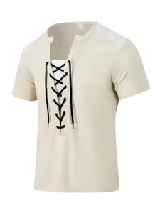 Detail of men's beige waffle knit t-shirt featuring a stylish lace-up neckline design