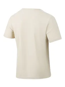 Back view showing texture of men's loose waffle knit short sleeve t-shirt in beige