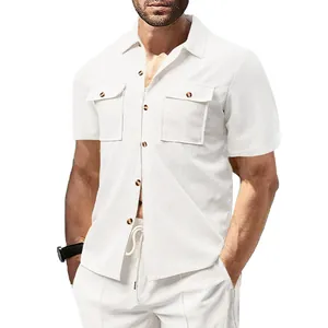 Detailed view of men's white waffle knit short sleeve shirt featuring dual chest pockets