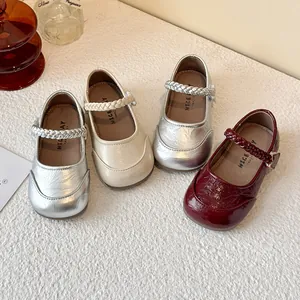 Elegant girls' small fragrance style Mary Jane shoes in silver, cream, and burgundy colors