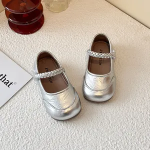 Silver princess Mary Jane shoes for girls with braided straps and soft soles
