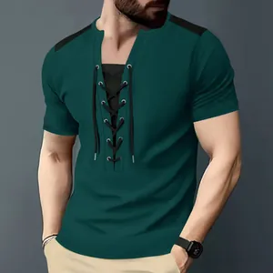 Macro view of men's dark green waffle knit t-shirt featuring a lace-up chest detail