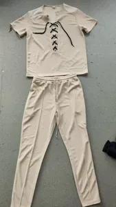 Beige wafelgebreide 2-delige set voor heren met vetersluiting top en lange broek