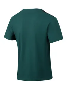 Back view of men's dark green waffle knit short sleeve t-shirt with black shoulder stripe.