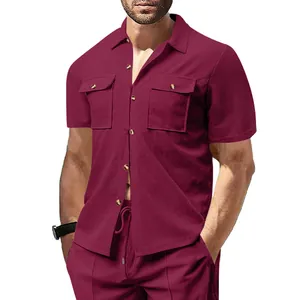 Detail view of men's burgundy waffle knit short sleeve shirt and matching pants set