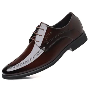 Elegant men's glossy brown patent leather dress shoes featuring classic brogue detailing
