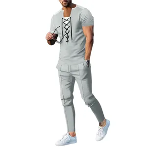 Heren tweedelige set in grijs wafelbreisel met shirt met veters en casual broek