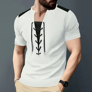 Detail of white waffle knit T-shirt with black lace-up front and shoulder patches