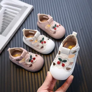 Toddler Girls Sandals Cherry Embroidery Hollow Out Soft Sole Baby Walker Shoes Princess Closed Toe Breathable Summer Shoes
