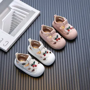 Lovely toddler girls' hollow leather sandals with cherry heart embroidery, pink and white