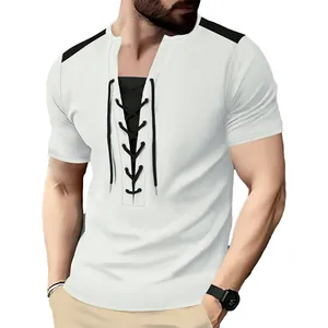 Detailed view of men's waffle knit t-shirt featuring a stylish lace-up front design