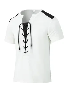 Detailed front view of men's waffle knit short sleeve t-shirt with black lace-up design