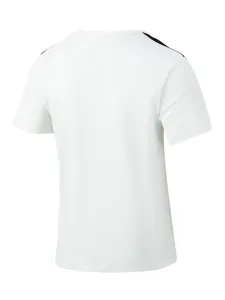 Back view of premium white waffle knit t-shirt featuring black shoulder stripes detail