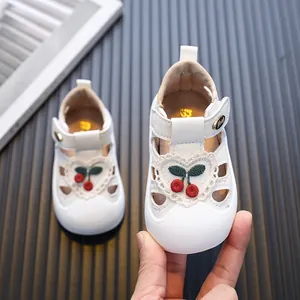 Lovely white toddler girl sandals with cherry embroidery and soft heart detail