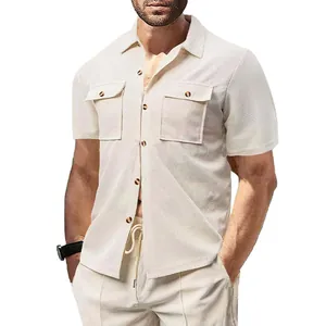 Close-up of men's short sleeve waffle knit cargo shirt in off-white texture