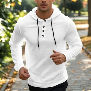 Weißes Langarm-Kapuzen-Henley-T-Shirt für Herren aus dünnem und atmungsaktivem Stoff