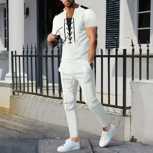 Costume Décontracté pour Hommes Texture Gaufre Col en V Lacet Manches Courtes Top Und Bottom Pantalon Long Ensemble Deux Pièces Mode