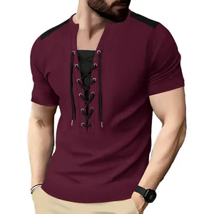 Close-up of men's waffle knit t-shirt with lace-up design and contrast shoulders