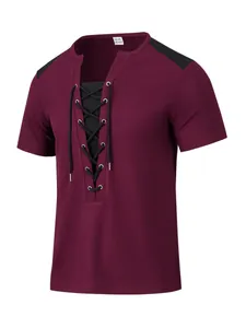 Close-up of waffle knit texture and lace-up V-neck design on this burgundy men's casual t-shirt