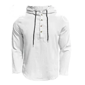 Detailansicht: weißes Herren-Kapuzenshirt aus Leinen mit schwarzen Kordelzügen
