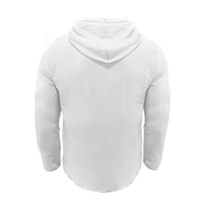 Rückansicht eines lässigen weißen Leinen-Kapuzenshirts mit langen Ärmeln für Herren.