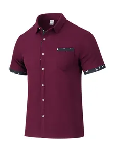 Close-up of burgundy waffle texture shirt with bird pattern pocket trim and buttons