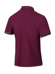 Back view of men's waffle knit short sleeve polo shirt in burgundy with bird print