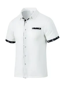 Detailed view of men's white waffle knit short sleeve shirt with bird pattern trim