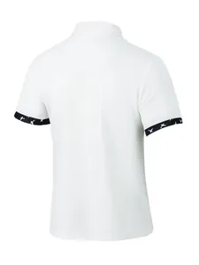 Back view of white waffle knit polo shirt with patterned sleeve cuffs